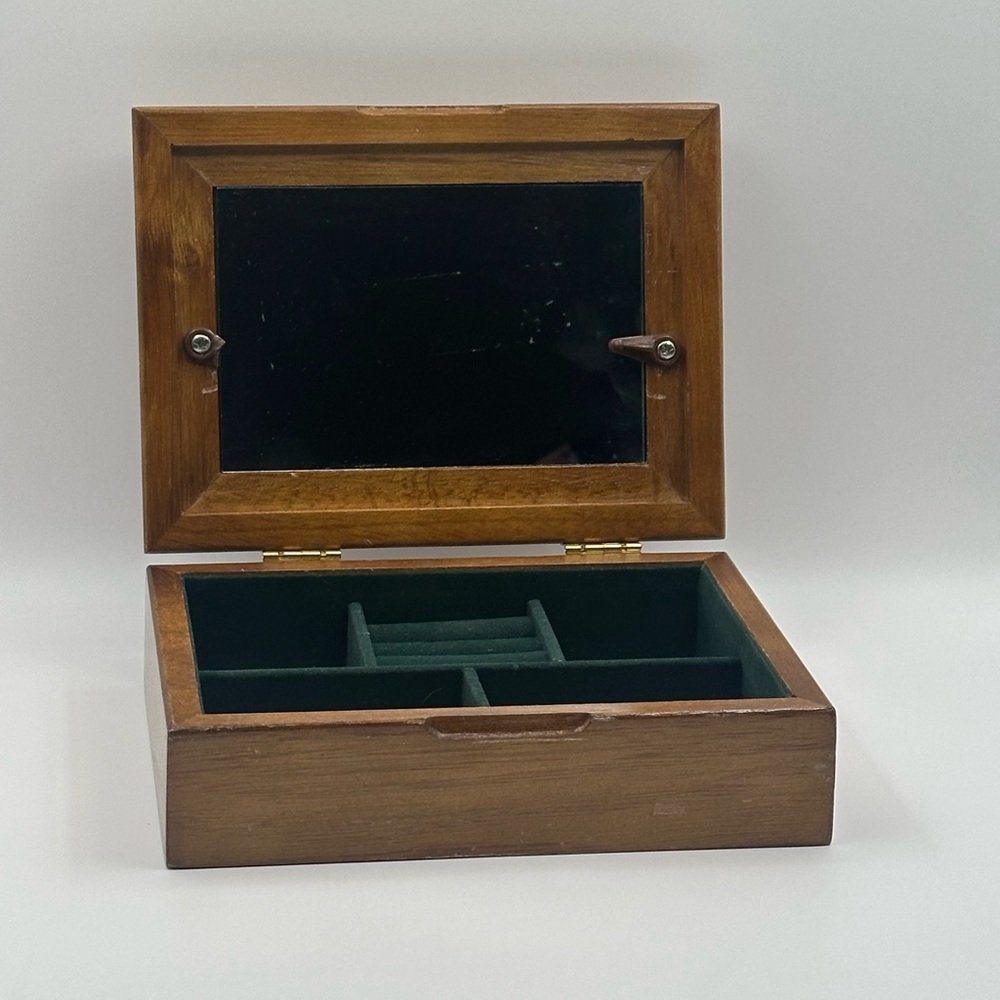 Wooden Jewelry Organizer Box with Mirror Green Velvet Lining Personalized Photo - Picture 4 of 10
